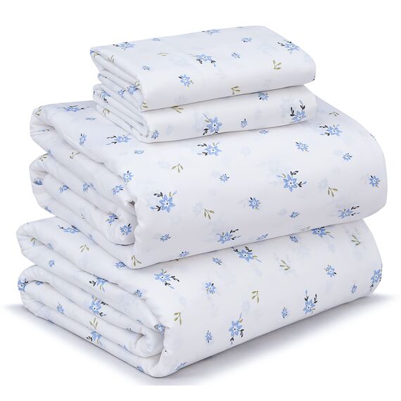 RUVANTI 100% Baumwolle, 4-teiliges Bettwäsche-Set, blaues Blumenmuster, volle Größe, weicher, atmungsaktiver Stoff, Tiefe Taschen, kühlendes enthält 1 Flachbett, Spannbetttuch, 2 Kissenbezüge.