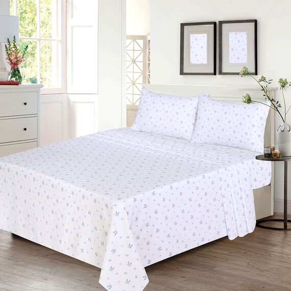 RUVANTI 100% Baumwolle, 4-teiliges Bettwäsche-Set, blaues Blumenmuster, volle Größe, weicher, atmungsaktiver Stoff, Tiefe Taschen, kühlendes enthält 1 Flachbett, Spannbetttuch, 2 Kissenbezüge.