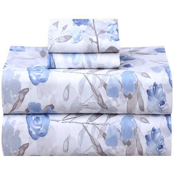 Ruvanti Bettwäsche aus 100 % Baumwolle, 4-teiliges Bettwäscheset, blaues und graues Blumenmuster, King-Size-Bettlaken, weich, kühlendes Bettwäscheset enthält 1 Bettlaken, 2 Kissenbezüge.