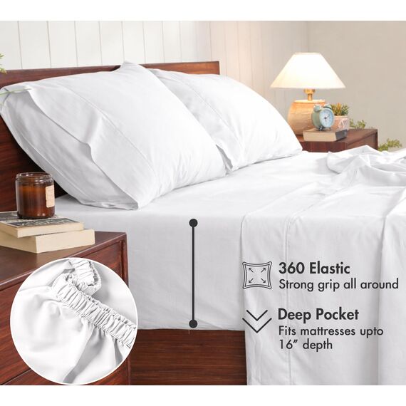 RUVANTI Bettlaken aus 100% Baumwolle, kühlendes Perkal-Bettlaken für Queen-Size-Bett, atmungsaktiv und langlebig, Queen-Size-Bettlaken-Set, 40,6 cm Tiefe Taschen, Briliant White, 4-teilig