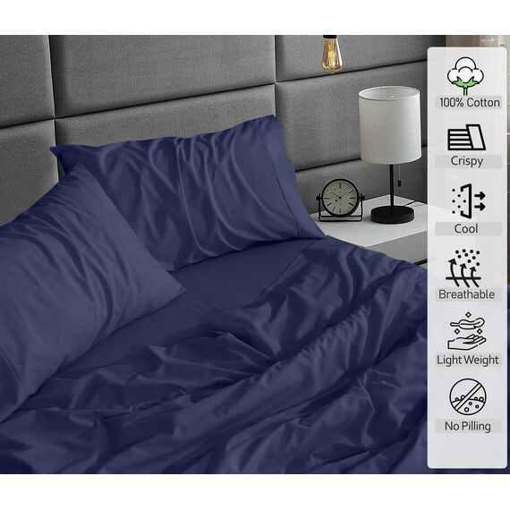 RUVANTI Bettlaken-Set aus 100 % Baumwolle, atmungsaktive Perkal-Webart, 40,6 cm tiefe Taschen, Hotelstandard, angenehm kühl, langlebig, einfarbig, Doppelbett, 4-teilig, Kronenblau