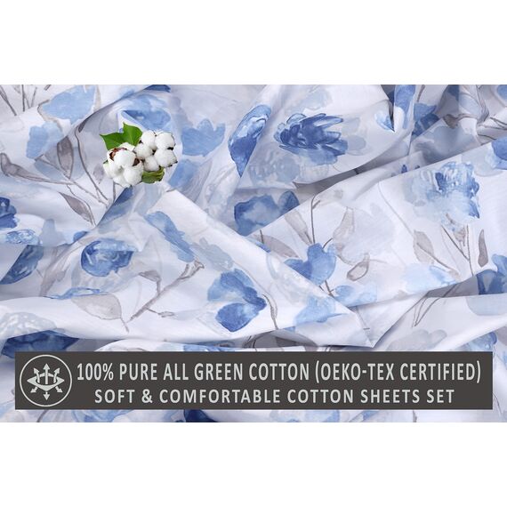 Ruvanti Bettwäsche aus 100 % Baumwolle, 4-teiliges Bettwäscheset, blaues und graues Blumenmuster, King-Size-Bettlaken, weich, kühlendes Bettwäscheset enthält 1 Bettlaken, 2 Kissenbezüge.