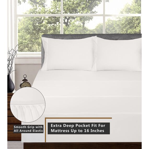RUVANTI Bettlaken aus 100% Baumwolle für Queen-Size-Bett, knusprig, kühlendes Perkal-Bettlaken, atmungsaktiv und langlebig, Queen-Size-Bettlaken-Set, Tiefe Tasche 38,1 cm, gebrochenes Weiß, 4-teilig