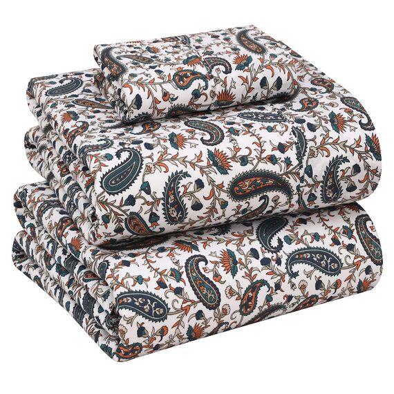 RUVANTI Bettlaken-Set aus 100% Baumwolle, atmungsaktive Perkal-Webart, 40,6 cm Tiefe Taschen, Hotelstandard, angenehm kühl, langlebig, Blumendesign, Einzelbett XL, 3-teilig, Türkisgrün Paisleymuster