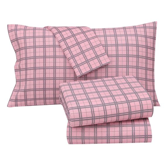 Ruvanti 4-teiliges Flanell-Bettwäsche-Set aus 100% Baumwolle in Pink und Grau kariert mit tiefen Taschen, wärmend, superweich, atmungsaktiv, feuchtigkeitsableitend, Spannbettlaken, 2 Kissenbezügen