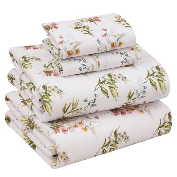 RUVANTI Bettlaken-Set aus 100 % Baumwolle, atmungsaktive Perkal-Webart, 35,6 cm tiefe Taschen, Hotelstandard, angenehm kühl, langlebig, Blumendesign, California-King-Size, 4-teilig, Blumenfreude