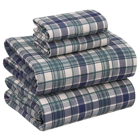 RUVANTI Bettlaken-Set aus 100% Baumwolle, atmungsaktive Perkal-Webart, 35,6 cm Tiefe Taschen, Hotelstandard, kühl, gestreift, California-King-Size, 4-teilig, Grünliches blaues Karomuster