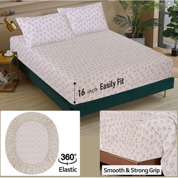 Ruvanti Bettlaken aus 100% Baumwolle für Queen-Size-Bett, knuspriges, kühlendes Perkal-Bettlaken-Set, atmungsaktiv und langlebig, Queen-Size-Bettlaken, 40,6 cm tief, cremefarbenes Blumenmuster,