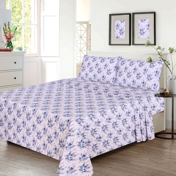 RUVANTI Bettwäsche aus 100% Baumwolle, 4-teiliges Bettwäscheset, blaues Blumenmuster, Queen-Size-Bettlaken, weicher, atmungsaktiver Stoff, Tiefe Spannbettlaken, 1 Spannbetttuch, 2 Kissenbezüge