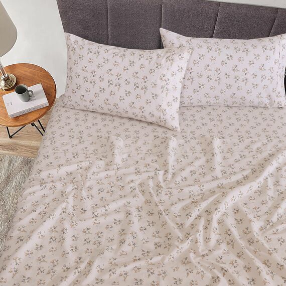 Ruvanti Bettlaken aus 100% Baumwolle für Queen-Size-Bett, knuspriges, kühlendes Perkal-Bettlaken-Set, atmungsaktiv und langlebig, Queen-Size-Bettlaken, 40,6 cm tief, cremefarbenes Blumenmuster,