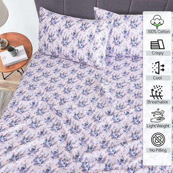 RUVANTI Bettwäsche aus 100% Baumwolle, 4-teiliges Bettwäscheset, blaues Blumenmuster, Queen-Size-Bettlaken, weicher, atmungsaktiver Stoff, Tiefe Spannbettlaken, 1 Spannbetttuch, 2 Kissenbezüge