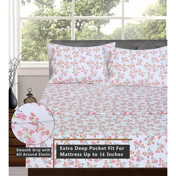 RUVANTI Bettlaken-Set aus 100 % Baumwolle, atmungsaktive Perkal-Webart, 35,6 cm tiefe Taschen, Hotelstandard, angenehm kühl, langlebig, Blumendesign, California-King-Size, 4-teilig, Bloomex