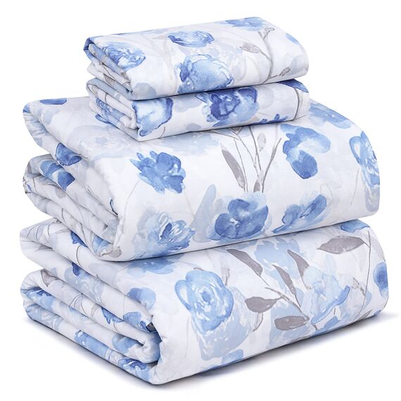 Ruvanti Bettwäsche aus 100 % Baumwolle, 4-teiliges Bettwäscheset, blaues und graues Blumenmuster, King-Size-Bettlaken, weich, kühlendes Bettwäscheset enthält 1 Bettlaken, 2 Kissenbezüge.