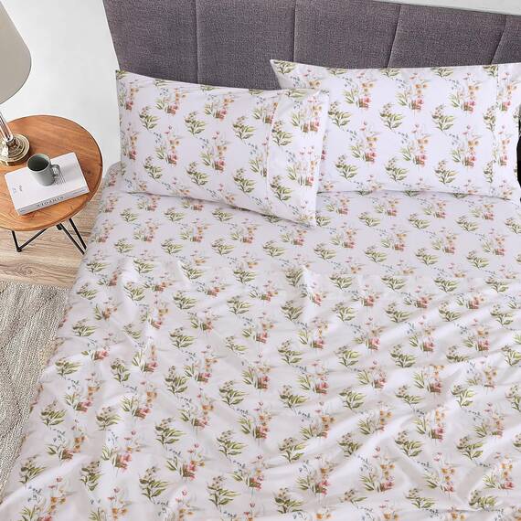 RUVANTI Bettlaken-Set aus 100 % Baumwolle, atmungsaktive Perkal-Webart, 35,6 cm tiefe Taschen, Hotelstandard, angenehm kühl, langlebig, Blumendesign, California-King-Size, 4-teilig, Blumenfreude