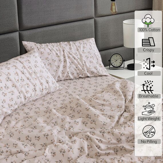 Ruvanti Bettlaken aus 100% Baumwolle für Queen-Size-Bett, knuspriges, kühlendes Perkal-Bettlaken-Set, atmungsaktiv und langlebig, Queen-Size-Bettlaken, 40,6 cm tief, cremefarbenes Blumenmuster,