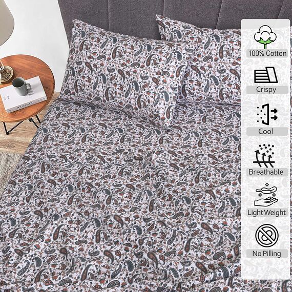RUVANTI Bettlaken-Set aus 100% Baumwolle, atmungsaktive Perkal-Webart, 40,6 cm Tiefe Taschen, Hotelstandard, angenehm kühl, langlebig, Blumendesign, Einzelbett XL, 3-teilig, Türkisgrün Paisleymuster
