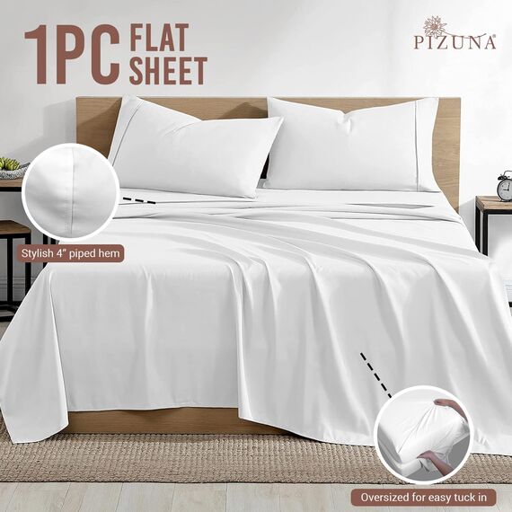 Pizuna Cotton Twin XL Bettlaken Weiß, 1 Stück, Fadenzahl 400, 100 % langstapelig, gekämmte Baumwollsatin-Gewebe, weiches Doppelbett, XL, nur Bettlaken (Weiß)