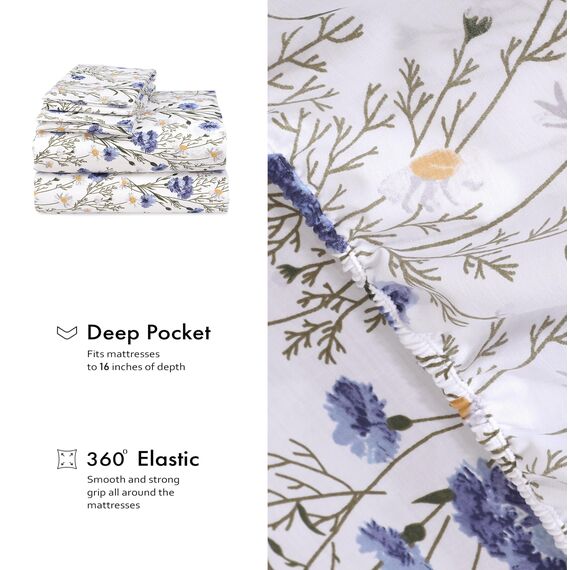 RUVANTI Bettlaken-Set aus 100 % Baumwolle, atmungsaktive Perkal-Webart, 40,6 cm tiefe Taschen, Hotelstandard, angenehm kühl, Blumendesign, Split-King-Size für verstellbare Betten, 5-teilig, Süßbohne