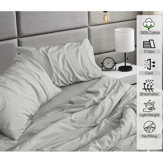RUVANTI Bettlaken-Set aus 100 % Baumwolle, atmungsaktive Perkal-Webart, 40,6 cm tiefe Taschen, Hotelstandard, angenehm kühl, langlebig, einfarbig, Einzelbett XL, 3-teilig, Silber