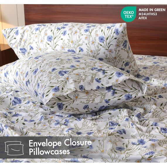 RUVANTI Bettlaken-Set aus 100% Baumwolle, atmungsaktive Perkal-Webart, 40,6 cm Tiefe Taschen, Hotelstandard, angenehm kühl, langlebig, Blumendesign, Einzelbett, 3-teilig, Süßbohne