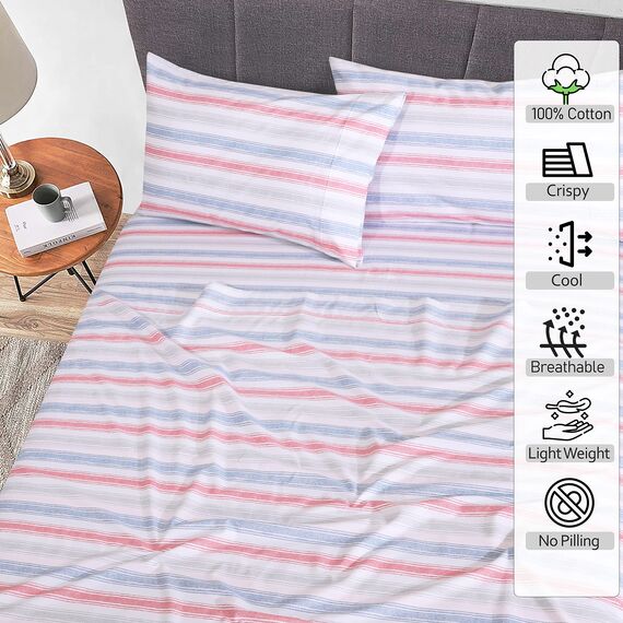 RUVANTI Bettlaken aus 100% Baumwolle für Queen-Size-Betten – knusprige, kühlende Perkal-Bettlaken – atmungsaktiv und langlebig – 40,6 cm Tiefe Queen-Size-Bettlaken – rosa Streifen – 4 Stück
