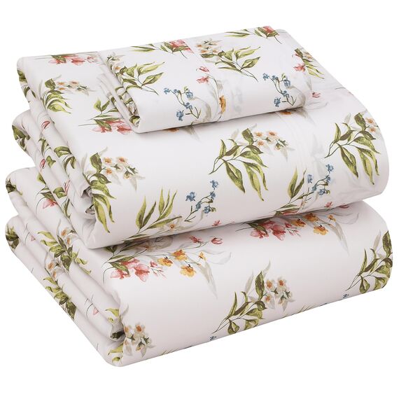 RUVANTI Bettlaken-Set aus 100% Baumwolle, atmungsaktive Perkal-Webart, 40,6 cm Tiefe Taschen, Hotelstandard, angenehm kühl, langlebig, Blumendesign, Einzelbett, 3-teilig, Blumenfreude
