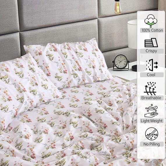RUVANTI Bettlaken-Set aus 100% Baumwolle, atmungsaktive Perkal-Webart, 40,6 cm Tiefe Taschen, Hotelstandard, angenehm kühl, langlebig, Blumendesign, Einzelbett, 3-teilig, Blumenfreude