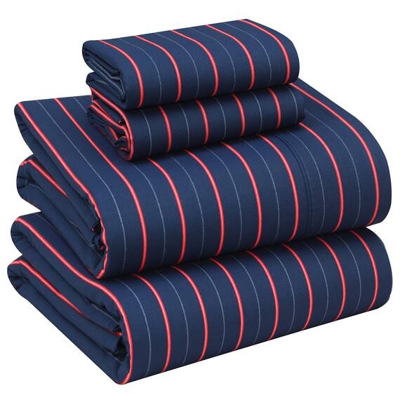 RUVANTI Bettlaken aus 100% Baumwolle für volle Größe – knusprige, kühlende Perkal-Bettlaken – atmungsaktiv und langlebig – 40,6 cm Tiefe Taschen in voller Größe – marineblaue Streifen – 4 Stück