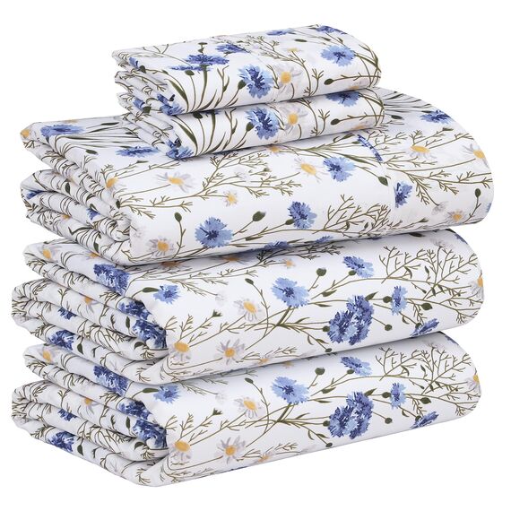 RUVANTI Bettlaken-Set aus 100 % Baumwolle, atmungsaktive Perkal-Webart, 40,6 cm tiefe Taschen, Hotelstandard, angenehm kühl, Blumendesign, Split-King-Size für verstellbare Betten, 5-teilig, Süßbohne