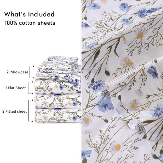 RUVANTI Bettlaken-Set aus 100 % Baumwolle, atmungsaktive Perkal-Webart, 40,6 cm tiefe Taschen, Hotelstandard, angenehm kühl, Blumendesign, Split-King-Size für verstellbare Betten, 5-teilig, Süßbohne