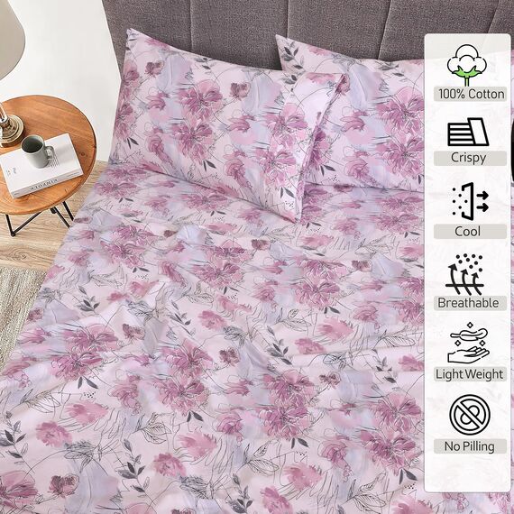 RUVANTI Bettlaken aus 100% Baumwolle, 4-teilig, lila Blumendruck, volle Größe, weich, atmungsaktiv, Tiefe Taschen, kühlendes Bettwäsche-Set beinhaltet 1 Bettlaken, 1 Spannbetttuch, 2 Kissenbezüge