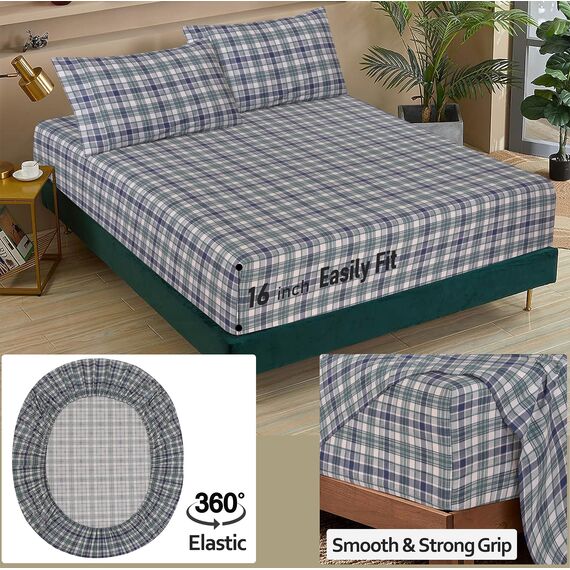 RUVANTI Bettlaken aus 100% Baumwolle, kühlendes Perkal-Bettlaken für King-Size-Bett, atmungsaktiv und langlebig, Kingsize-Bettlaken-Set, 40,6 cm Tiefe Taschen, grünlich-blaues Karo, 4-teilig