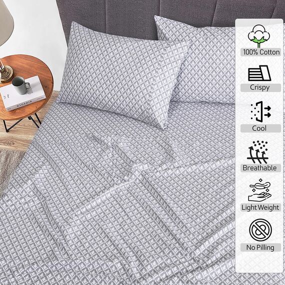 RUVANTI Bettlaken aus 100% Baumwolle für Queen-Size-Betten – knusprige, kühlende Perkal-Bettlaken – atmungsaktiv und langlebig – 40,6 cm Tiefe Queen-Size-Bettlaken – Grau – 4 Stück