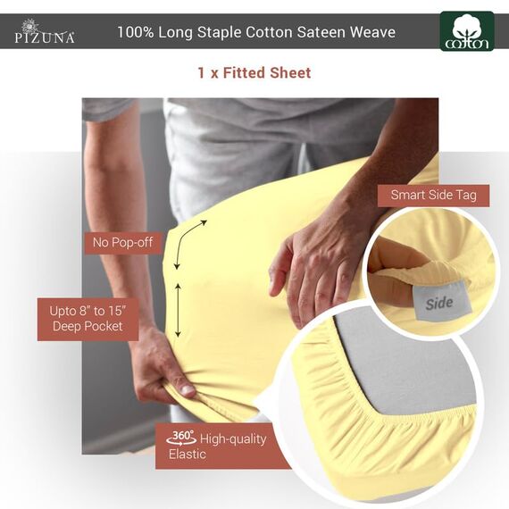 Pizuna Spannbettlaken für Queensize-Betten aus 100 % reiner Baumwolle, Fadenzahl 400, langstapelig, Baumwollsatin-Gewebe, 38,1 cm tiefe Tasche, Mellow Yellow