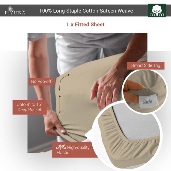 Pizuna Bettwäsche aus 100 % langstapeligem Baumwollsatin, Fadenzahl 400, Bettbezug-Sets, Kissenbezüge Fitted Sheet - Queen (1PC) Simply Taupe