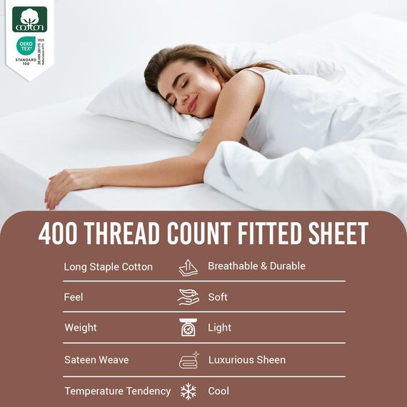 Pizuna Bettwäsche-Set, Fadenzahl 400, 100 % lange stapelbare Baumwoll-Satin, gewebt (Bettwäsche-Set, Kissenbezüge) Fitted Sheet - Queen (1PC) weiß