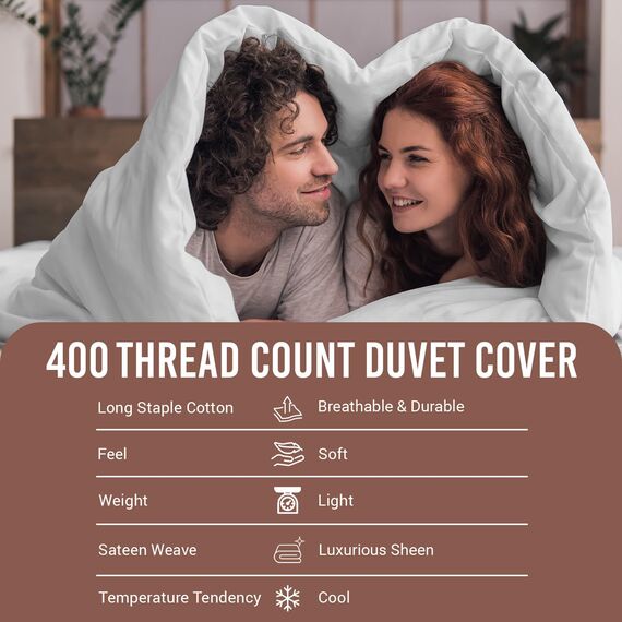 Pizuna 400 Thread Count Cotton Duvet Cover Full Size White, 3pc 100% Long Staple Cotton Hotel Bedding Collection Luxurious Soft Sateen White Bed Sets With Hidden Button Closure (Full Size Bedding Set)