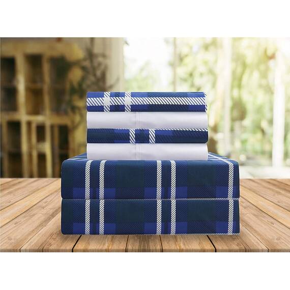 Elegant Comfort Lilliana Plaid 6-teiliges Bettlaken-Set, sehr gemütlich, farbecht und knitterfrei, Fadenzahl 1500, tiefes Spannbetttuch mit intelligenten Taschen, kariertes Bettlaken-Set, Kingsize,