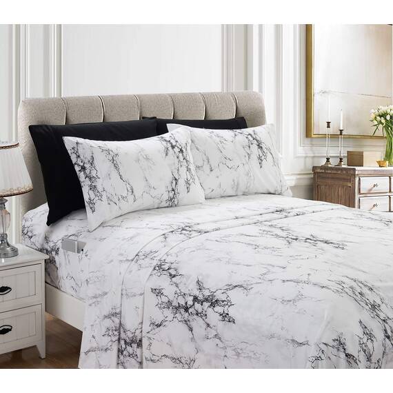 Elegant Comfort Luxuriöse, weiche Bettwäsche, Marmormuster, 1500, hochwertige Hotelqualität, Mikrofaser, Weichheit, Knitter- und lichtbeständig (6-teilig), Queen-Size-Bett, Weiß