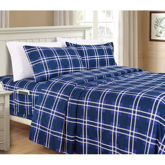 Elegant Comfort Luxuriöses, weiches Bettlaken, Karomuster, 1500, hochwertige Hotelqualität, Mikrofaser, Weichheit, Knitter- und lichtbeständig (6-teilig), komplettes Bettwäsche-Set, Marineblau