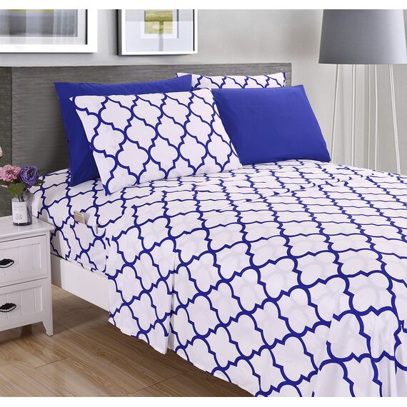 Elegant Comfort Luxuriöses, weiches Bettlaken, Vierpass-Muster, hochwertige Hotelqualität, Mikrofaser, Weichheit, Knitter- und lichtbeständig (6-teilig) Bettwäsche-Set, Full, Duke Blue