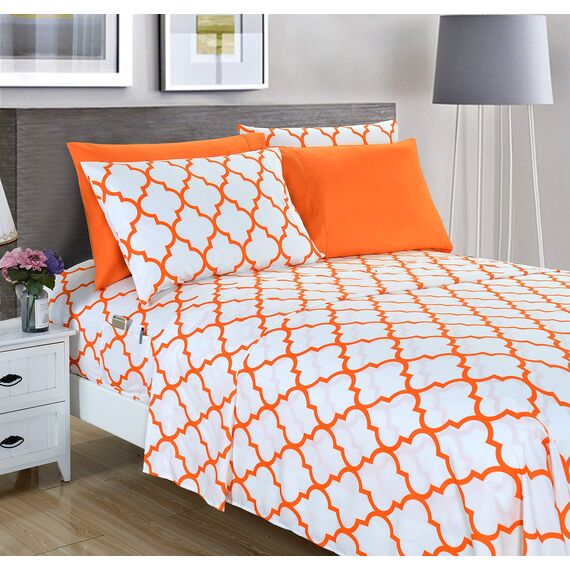 Elegant Comfort Luxuriöse weiche Bettlaken, Vierpass-Muster, 1500 Premium-Hotelqualität, Mikrofaser, Weichheit, Knitter- und lichtbeständig, 6-teilig, Queen-Size-Bett, Joyful Orange