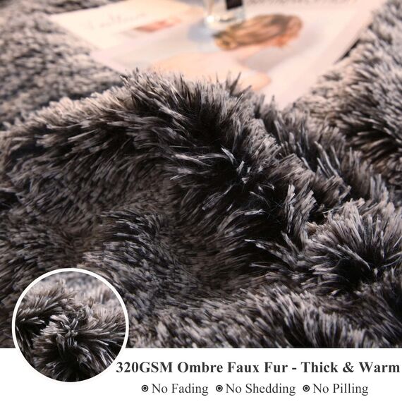 XeGe Luxuriöses, zotteliges Bettwäscheset, luxuriös, ultraweiches Kristallsamt, 3-teiliges Set (1 Bettbezug aus Kunstfell + 2 Kissenbezüge aus Kunstfell), Reißverschluss (Queensize, Black Ombre)