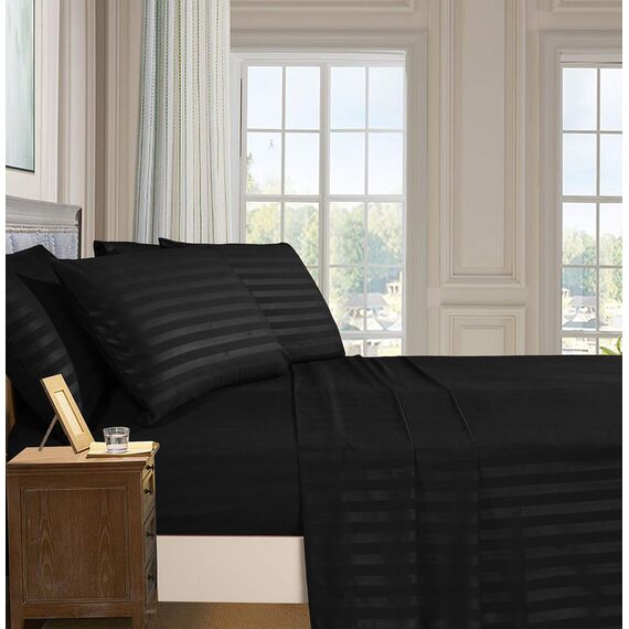Elegant Comfort Luxuriöse weiche Bettlaken, Dobby-Streifen, 1500, Premium-Hotelqualität, Mikrofaser, weich, Knitter- und lichtbeständig, 6-teilig, Queen-Size-Bett, Schwarz