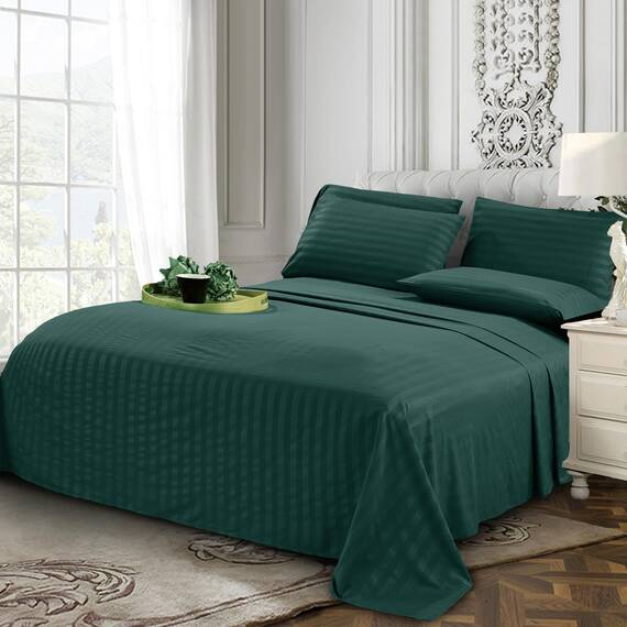 Elegant Comfort Luxuriöses, weiches Bettlaken, Dobby Stripe 1500, Premium-Hotelqualität, Mikrofaser, Weichheit, Knitter- und lichtbeständig (6-teilig), Queen-Size-Bett, gestreift, Waldgrün