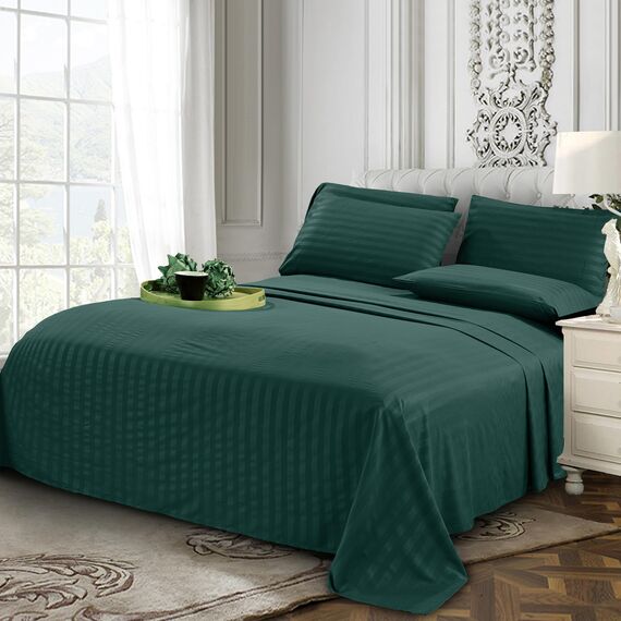 Elegant Comfort Luxuriöse, weiche Bettlaken Dobby Stripe 1500, Premium-Hotelqualität, Mikrofaser, Weichheit, Knitter- und lichtbeständig (6-teilig), Kingsize-Bett, gestreift, Waldgrün
