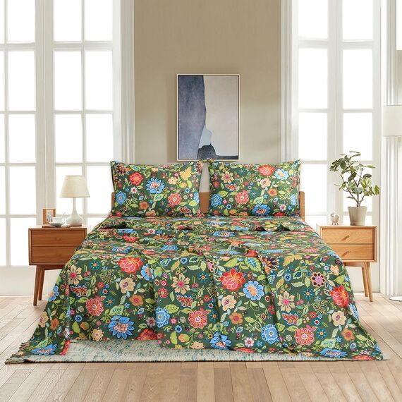 Bedlifes Queen-Bettwäsche-Set, ultraweich, atmungsaktiv, seidige Blumen, tiefe Taschen, 100 % Mikrofaser, 4-teilig, Queen-Size-Bett mit floralem Blumenmuster, Dunkelgrün