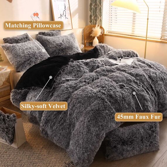 XeGe Luxuriöses, zotteliges Bettwäscheset, luxuriös, ultraweiches Kristallsamt, 3-teiliges Set (1 Bettbezug aus Kunstfell + 2 Kissenbezüge aus Kunstfell), Reißverschluss (Queensize, Black Ombre)