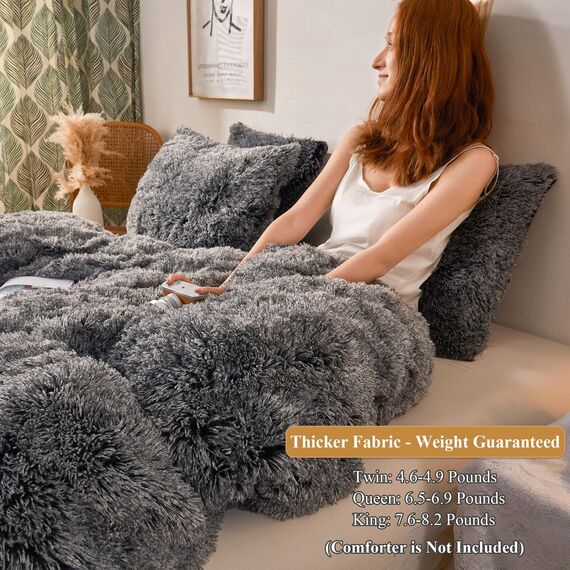 XeGe Luxuriöses, zotteliges Bettwäscheset, luxuriös, ultraweiches Kristallsamt, 3-teiliges Set (1 Bettbezug aus Kunstfell + 2 Kissenbezüge aus Kunstfell), Reißverschluss (Queensize, Black Ombre)