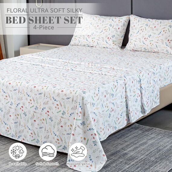 Bedlifes Bettlaken-Set für King-Size-Betten, ultraweich, atmungsaktiv, seidig, Blumenmuster, tiefe Taschen, 100 % Mikrofaser, 4-teilig, King-Size, weißes Blumenmuster